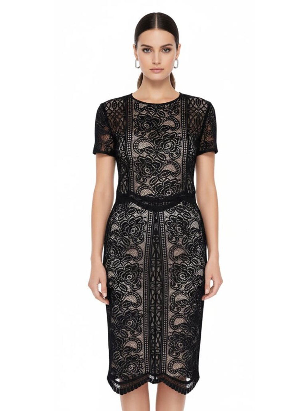 Women’s Black Lace 2-Piece Outfit Short Sleeve Top & Pencil Skirt Size M - Picture 2 of 8